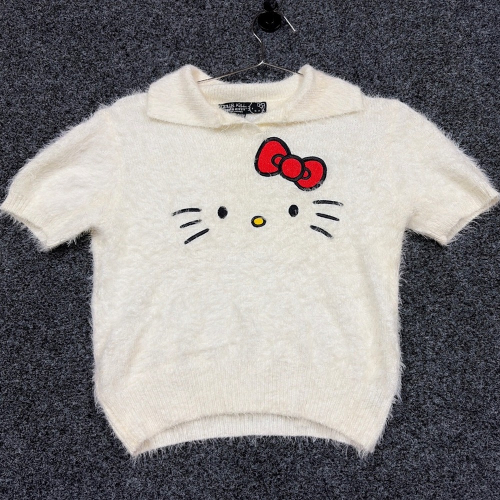 Dolls Kill Hello Kitty Sweater Womens S/M Cream Fuzzy Short Sleeve Collared Top